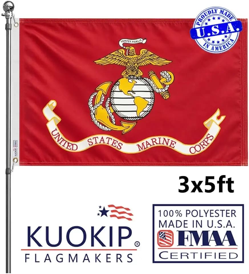 Double Sided 3-Ply United States Marine Corps Flag 3x5FT Outdoor Made In USA Heavy Duty polyesters US Marine Corps Flags Banners with White Starting Tape and 2 Brass Grommets