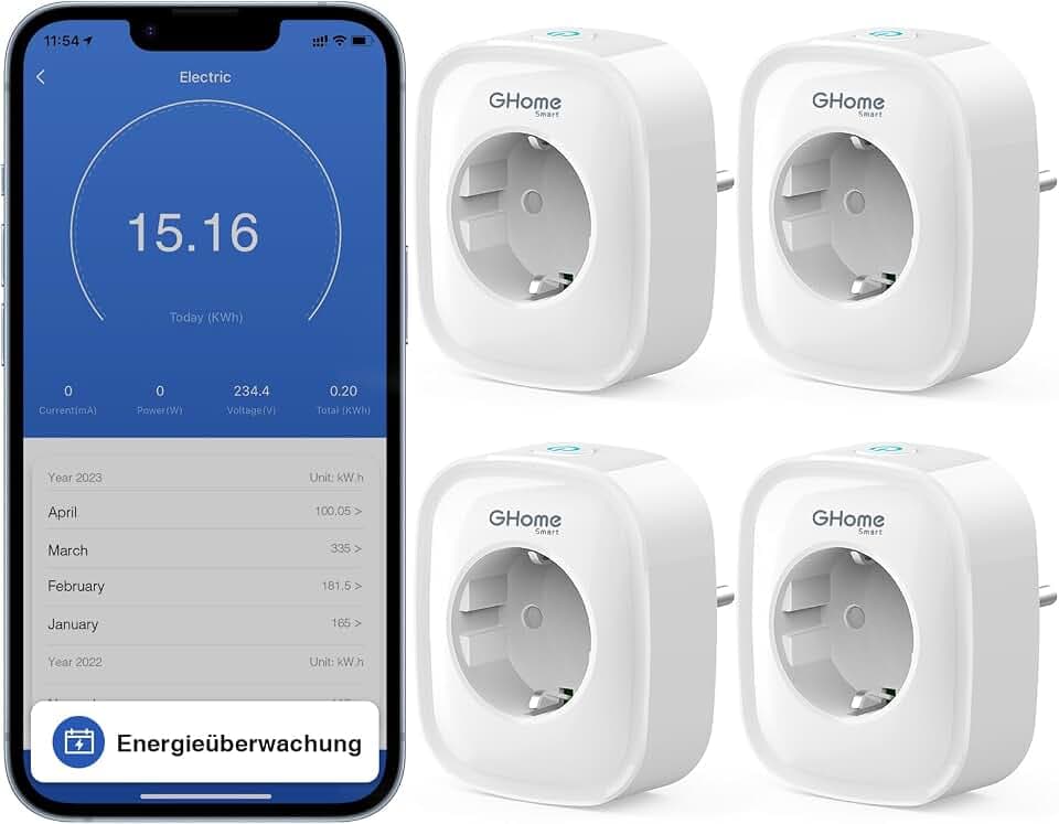 GHome Smart WLAN Steckdose 16A, Smart Home Plug Funktioniert mit Alexa/Google Home, Stromverbrauchsmessung, App- & Sprachsteuerung, Zeitplan und Timer steckdose, 4er Pack,NUR auf 2.4GHz WiFi