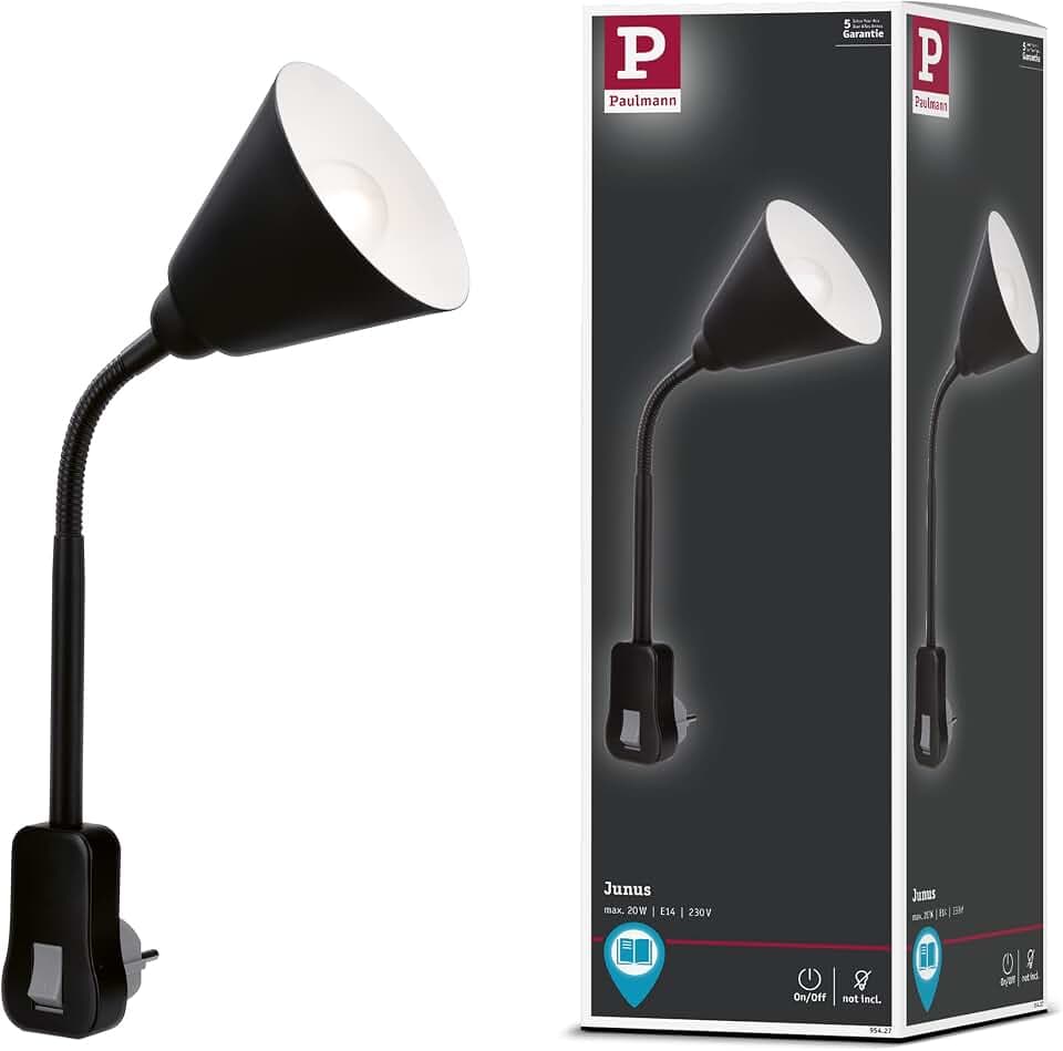 Paulmann 95427 Steckerleuchte Junus mit Flexarm max. 20 Watt Lampe Schwarz Metall, Kunststoff Licht E14 ohne Leuchtmittel