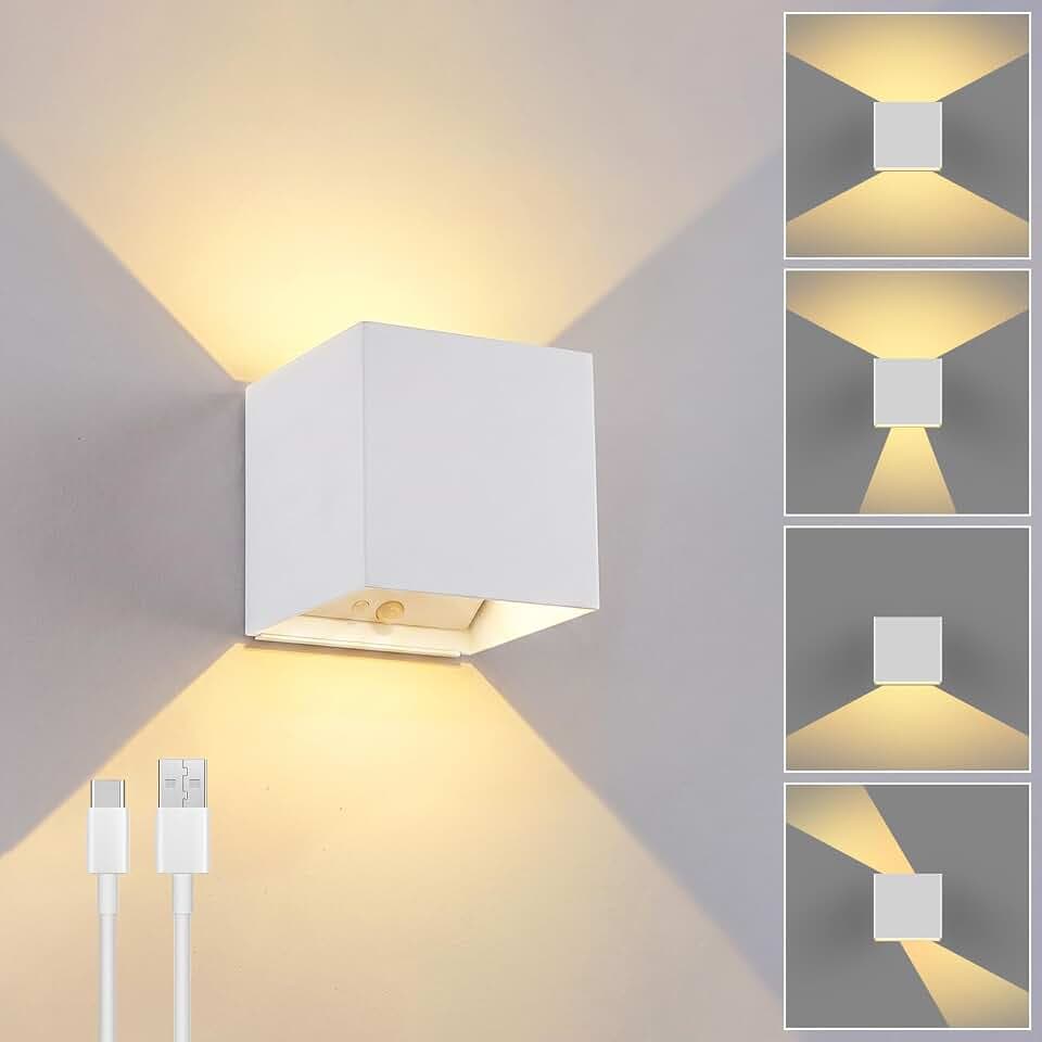 Akku Wandleuchte mit Bewegungsmelder, 6W USB Aufladbare LED Wandlampe, Weiß | Einstellbarer Lichtstrahl, Wandleuchte Batterie Warmweiß 3000K, kabellos Wandleuchten Innen for Schlafzimmer Flur Treppen