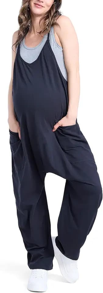 Motherhood Maternity Women's Casual Baggy Sleeveless V-neck Pregnancy Romper Jumpsuit With Loose Spaghetti Straps and Pockets