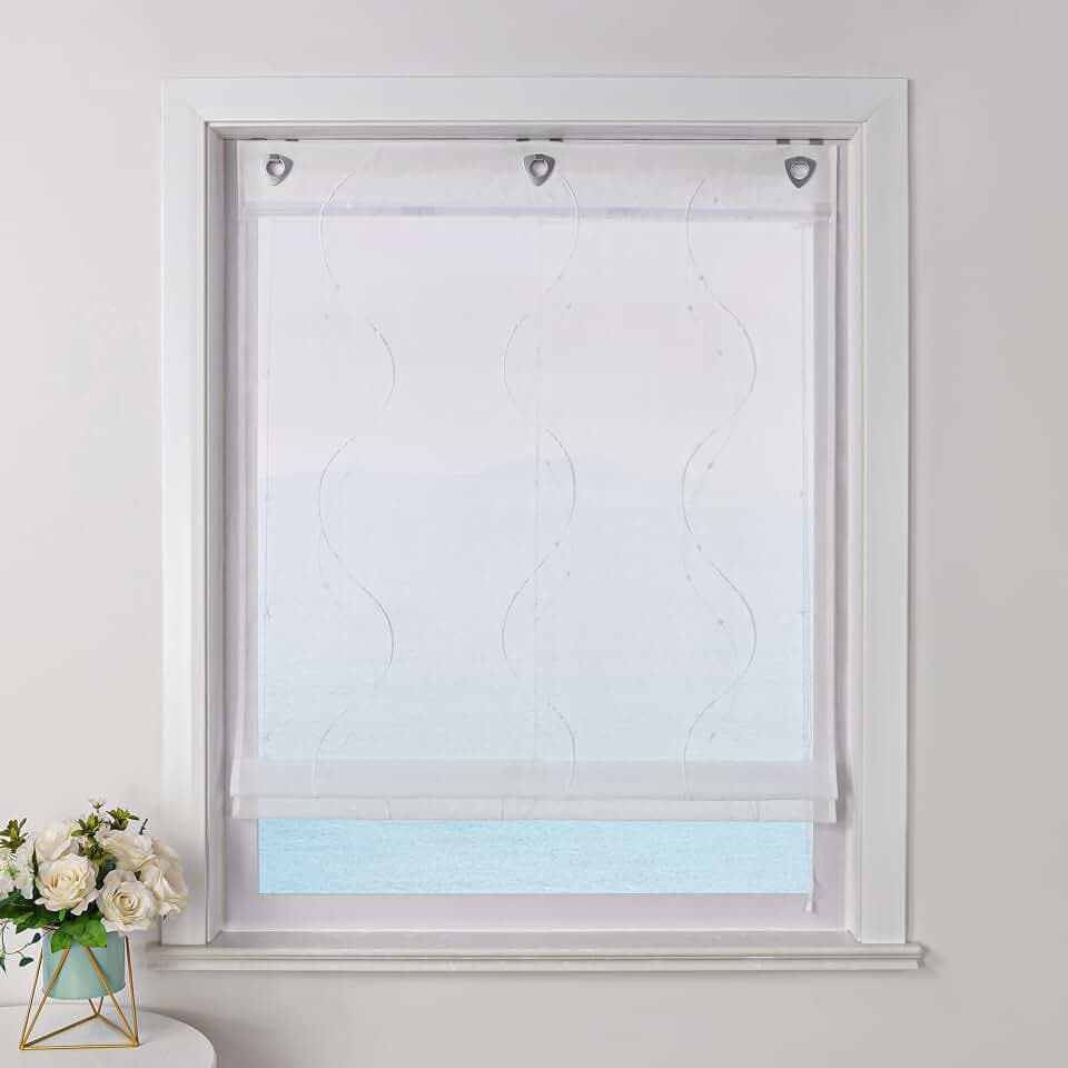 ESLIR Raffrollo ohne Bohren Weiß Raffgardine mit Ösen Transparent Gardinen mit U-Haken Ösenrollo Modern Bestickt Weiß BxH 100x140cm 1 Stück
