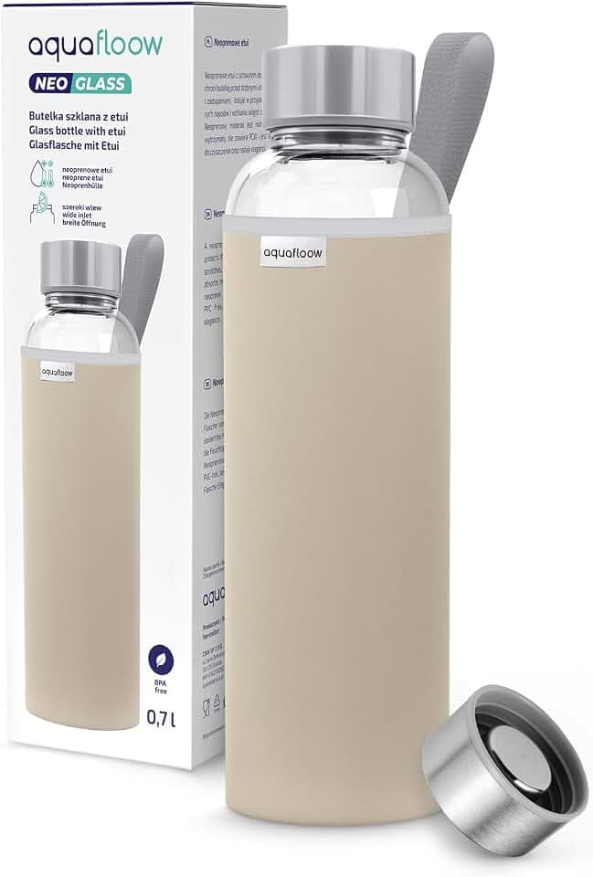 Aquafloow Wasserflasche aus Glas 700 ml mit Neoprenhülle, Transparente trinkflasche Glas mit Bambusdeckel | Ideal flasche für Büro, Outdoor, Schule, für Kohlensäurehaltige Getränke – Beige