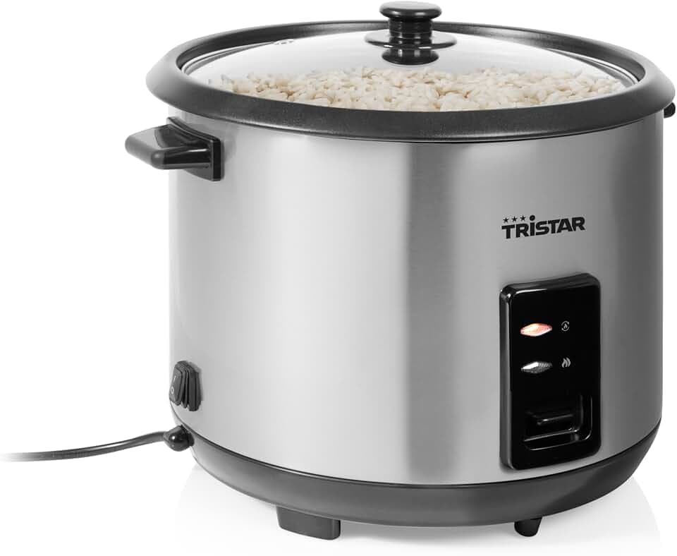 Tristar Reiskocher, 2,8 L Kapazität, 1000 W Heizsystem, Edelstahlgehäuse, Antihaft-Innentopf, Dampfkorb, Warmhaltefunktion, RK-6158