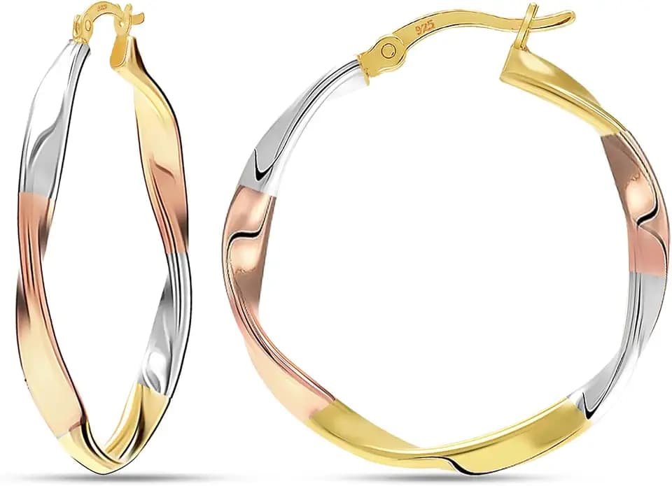 LeCalla Echte 925 Sterling Silber Ohrringe | 14K vergoldet dreifarbig verdreht Ohrring Schmuck | Leichtes italienisches Design Click-Top-Ohrringe für Frauen