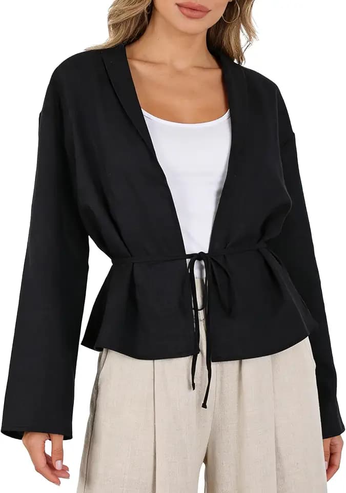 Amazhiyu Womens 100% Linen Lightweight Cardigan Open Front