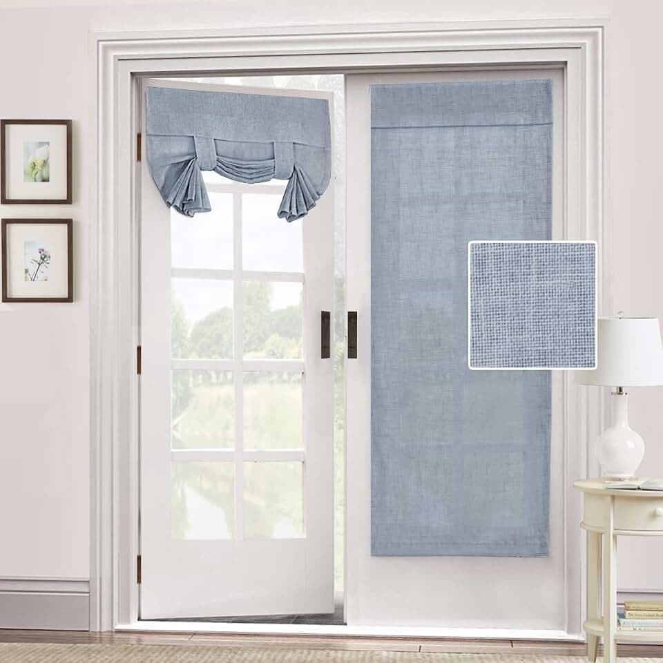 H.VERSAILTEX Natural Linen Semi Sheer French Door Curtains Light Filtering Privacy Boho Window Drapes 2 Panels Self Adhesive Door Blinds Tie Up Shade for Bedroom Living Room,68" Lx26 W,Stone Blue