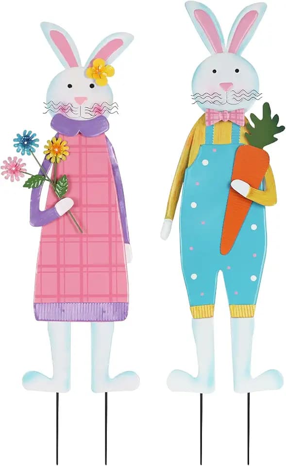 YEAHOME Easter Decorations Outdoor, Set of 2 Metal Bunny Decorative Garden Stakes for Easter Decor, Spring Rabbits Yard Stakes for Home Outside Front Door Porch Lawn Garden Backyard Decorations