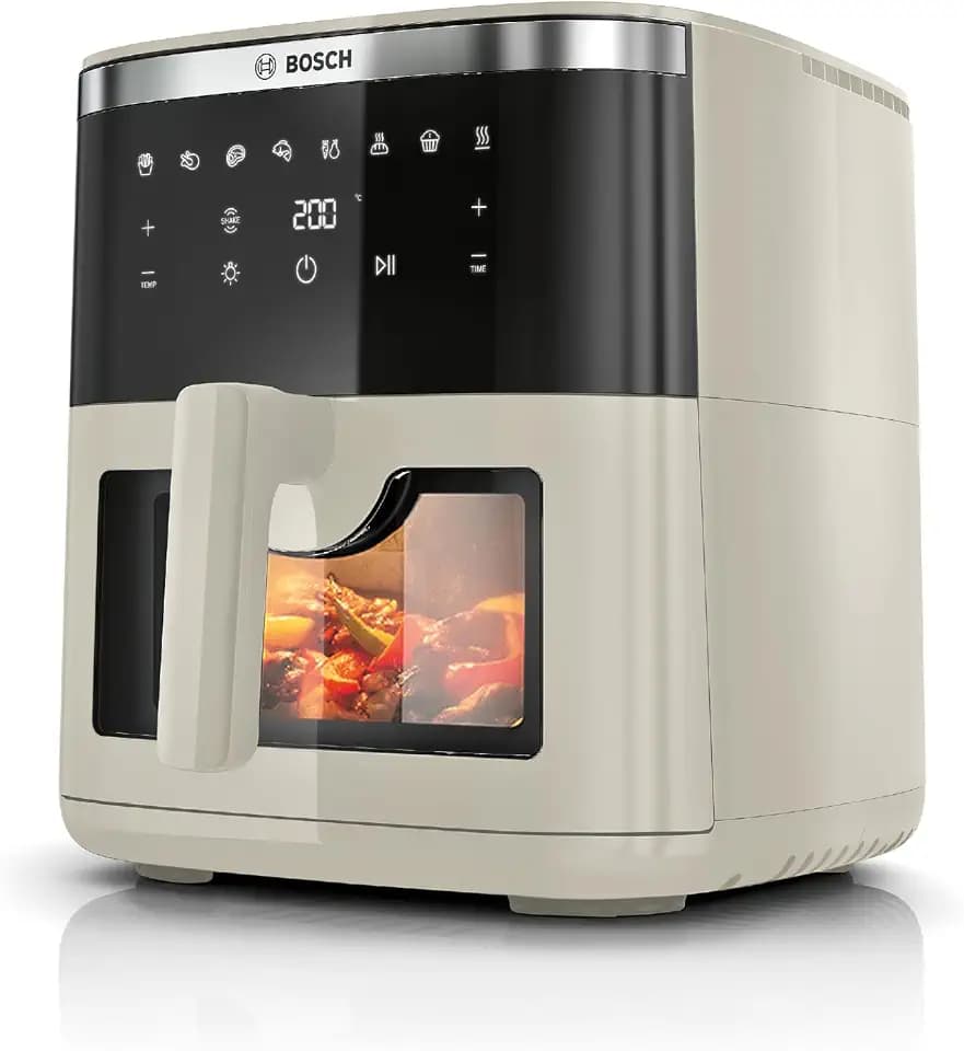 Bosch Heißluftfritteuse Serie 6, XXL Air Fryer, creme, 7,2 L Fassungsvermögen, beleuchtetes Sichtfenster, 7 voreingestellte Programme, bis zu 65% schnelleres Kochen, MAF671C0