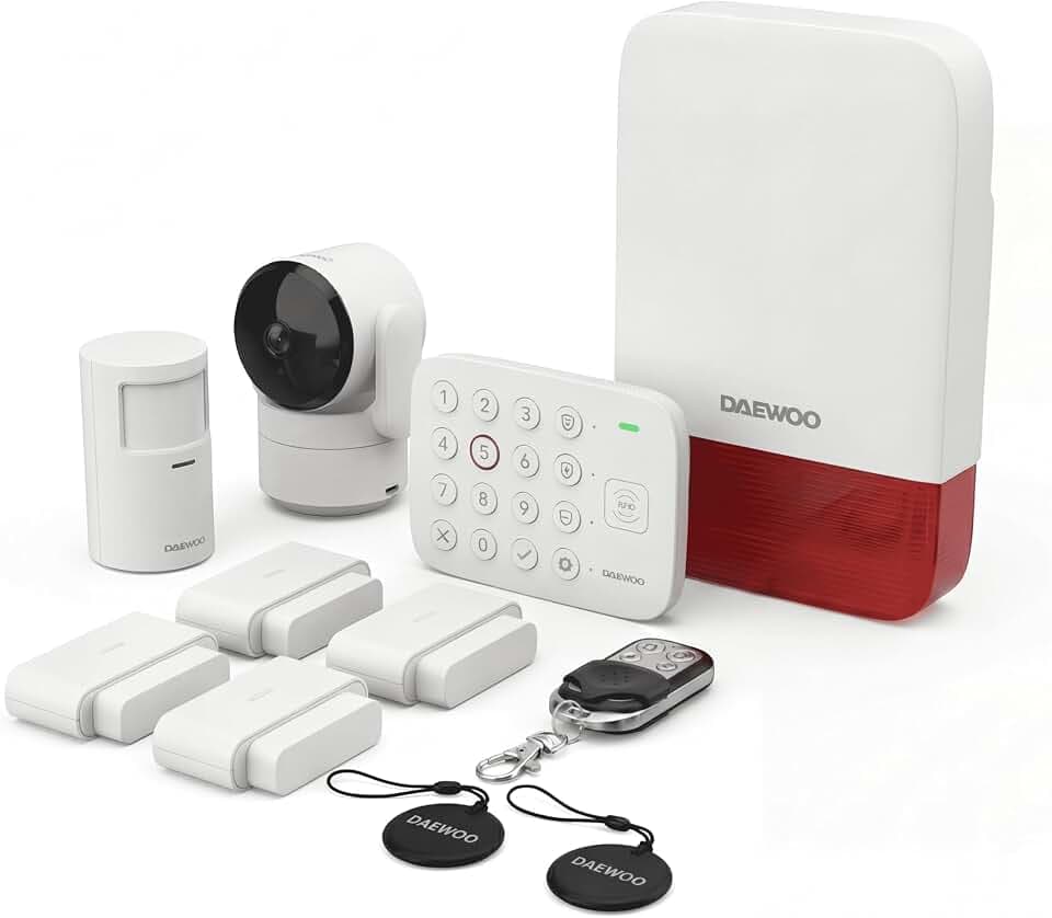 Daewoo Alarmanlage, WiFi/GSM, Vigilia VIG102+ – kabelloses und ohne Abonnement, kompatibel mit Tieren, Detektoren und Sirene inklusive + Überwachungskamera Full HD, App inklusive