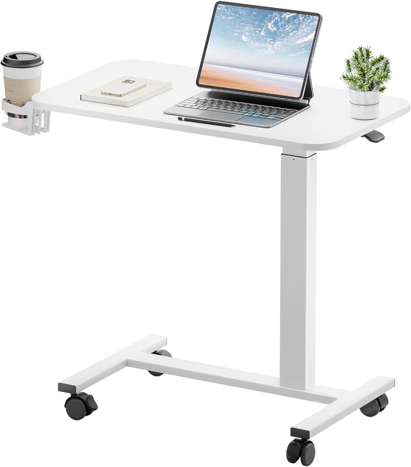GTPLAYER Small Standing Desk with Lockable Wheels, Pneumatic Mobile Rolling Laptop Desk,Adjustable Height Overbed Bedside Table Computer Workstation for Home Office (28" W x 16" D, Matte White)