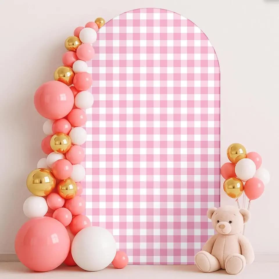 Tingjoo Arch Backdrop for Baby Shower Mexican Talavera Wedding Party Stretchy Arch Stand Cover Double Side Banner Baptisms Birthday Decoration Props Only Cover (Pink Plaid,2.6x5.9ft)
