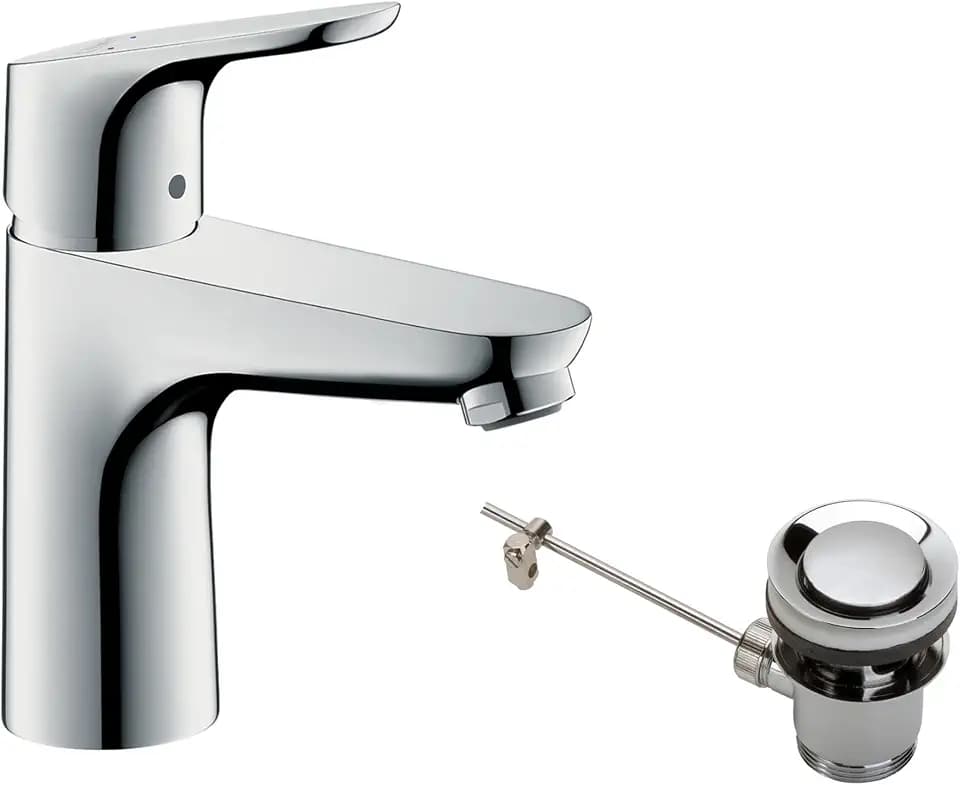 hansgrohe Focus - Waschtischarmatur mit Zugstangen-Ablauf, Wasserhahn Bad mit Auslauf Höhe 94 mm, Mischbatterie Waschbecken wassersparend (EcoSmart), Chrom, 31607000