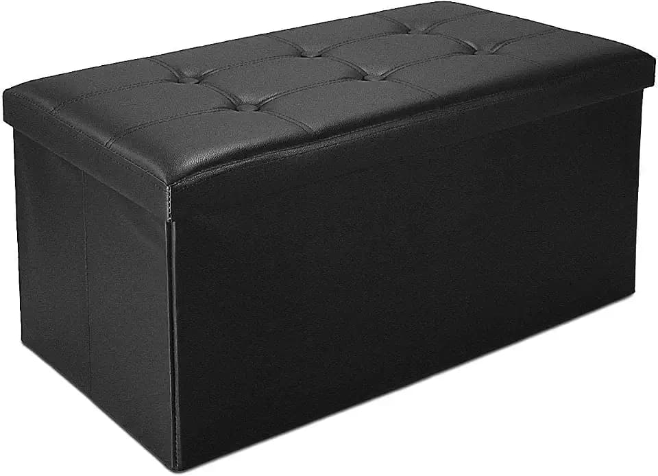 Todeco - Sitztruhe, Kunstleder Sitzhocker - Maximale Belastbarkeit: 150 kg - Material: Kunstleder - Abgenähtes und gesticktes Finish, 76 x 38 x 38 cm, Schwarz