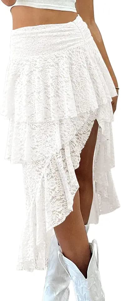 Womens Lace Midi Skirts Y2K Asymmetrical Layered Flowy Skirts Long Skirt