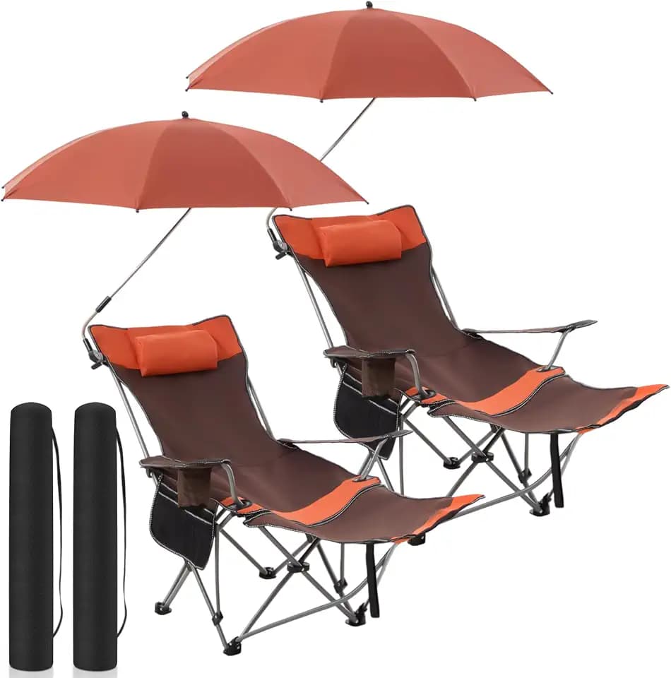 Yuntau 2 Set Reclining Beach Chairs with UPF 50+ Umbrellas Shade, Upgraded Heavy Duty Portable Folding Lounge Camping Chair with Canopy Removable Footrest & Headrest for Outdoor Patio(Orange)