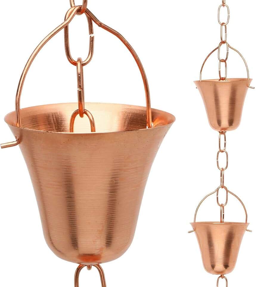 Copper Rain Chain – Decorative Chimes & Cups Replace Gutter Downspout & Divert Water Away from Home for Stunning Fountain Display – for Universal Fit