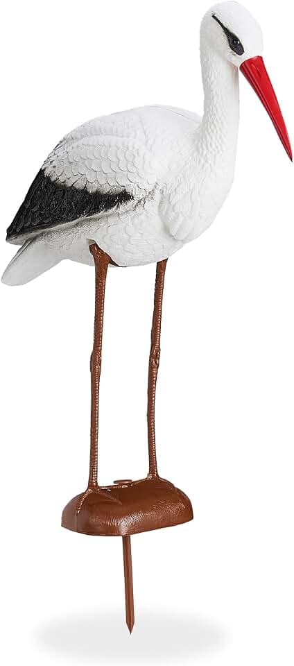 Relaxdays, weiß/rot Gartenfigur Storch, Garten Dekofigur, Fischreiher Schutz, Klapperstorch Geburt, HBT 80 x 22 x 64 cm, Gartendeko Figur