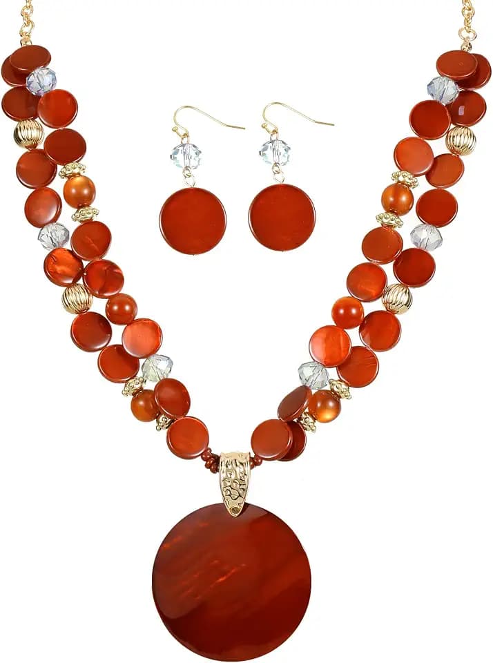 Layered Beads Statement Fashion Necklace Chunky Jewelry Set Big Colorful Glass Stone Circle Shell Pendant Choker Necklace and Earring Set for Women