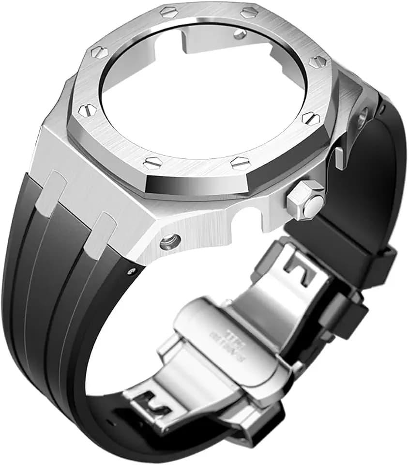 BMT GA2100 Case Band Mod Kit, Stainless Steel Case Bezel Crown Silicone Strap Replacement Accessories Compatible with Men's Watches G-Shock GA-2100/GA-2110/GA-B2100