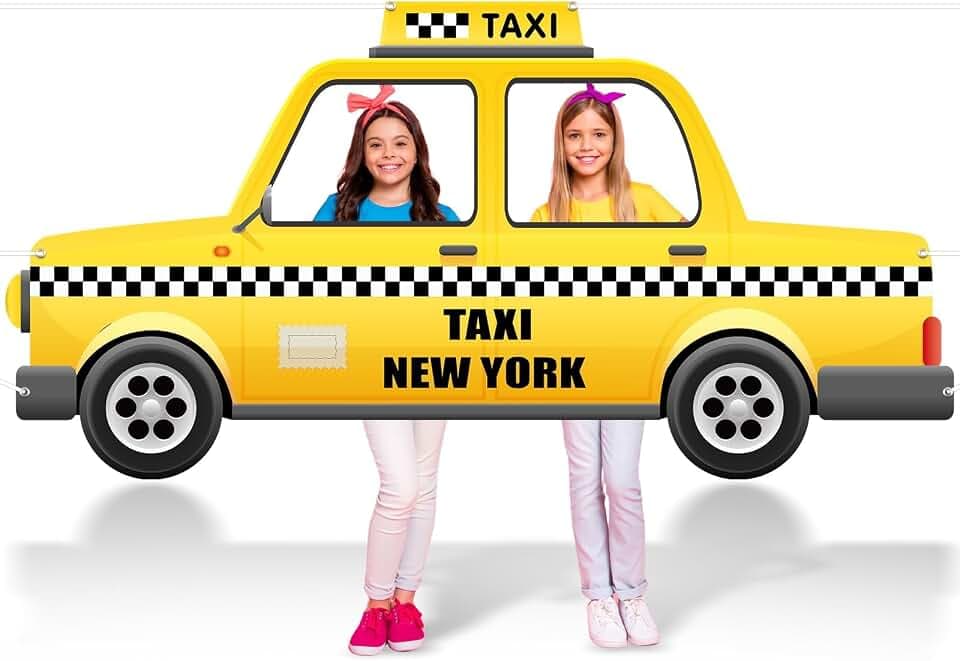 Fabric Taxi Photography Backdrop Car Photo Booth Prop Yellow Cab Photography Backdrop NYC Party Decoration Yellow Taxi Selfie Photo Booth Frame for Birthday Driving Car Theme Party Supplies 6.2×3.1Ft