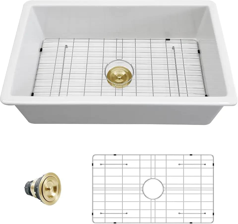 Sarlai 32 Inch White Undermount Sink Fireclay 32x19 Inch Dual Drop in & Undermount Kitchen Sink Porcelain Ceramic Single Bowl Deep Basin