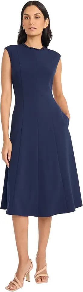 Maggy London Women's Women's A-line Midi Dress with Pockets - Cap Sleeve High Neck - Wedding Guest Cocktail Dress