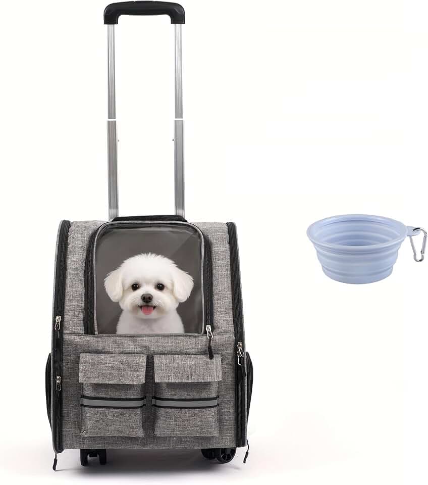 Rolling Pet Carrier Set with Wheels, Gray, & 1 Bowl