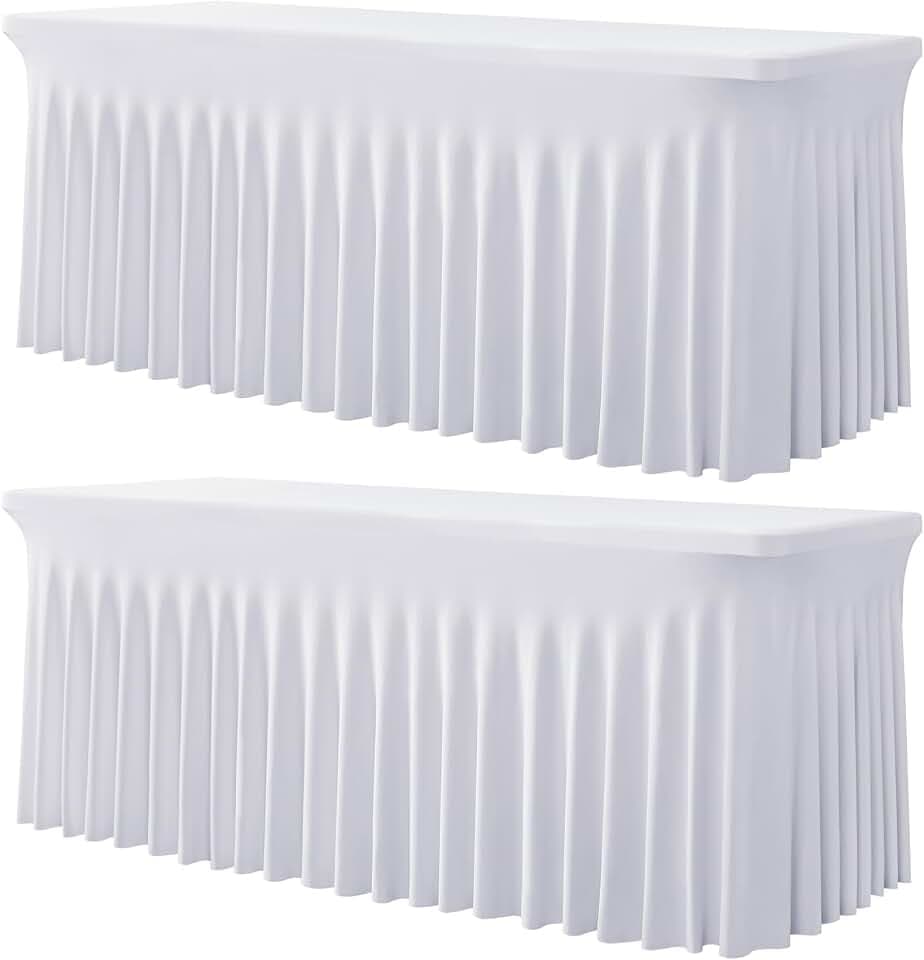 2 Pack White Spandex Tablecloth for 5 Foot Rectangle Tables, Wrinkle Free Fitted Table Clothes Cover 5ft Stretchy Tablecloths with Skirt for Parties Weddings Birthday Banquet Baby Shower
