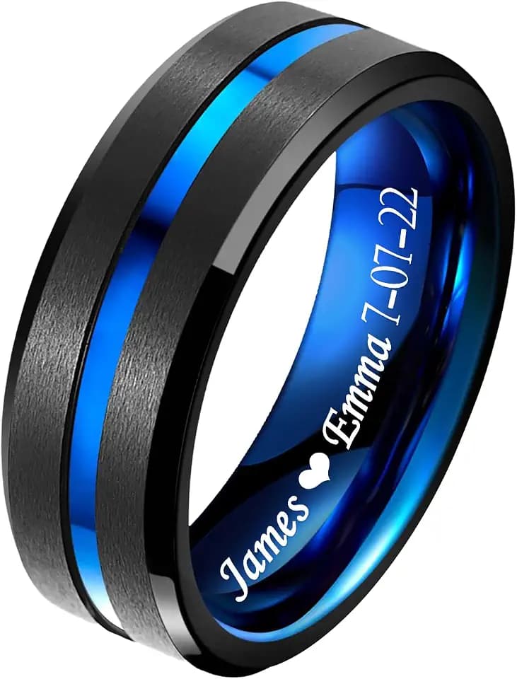 Personalized Black/Silver/Blue Tungsten Ring for Men