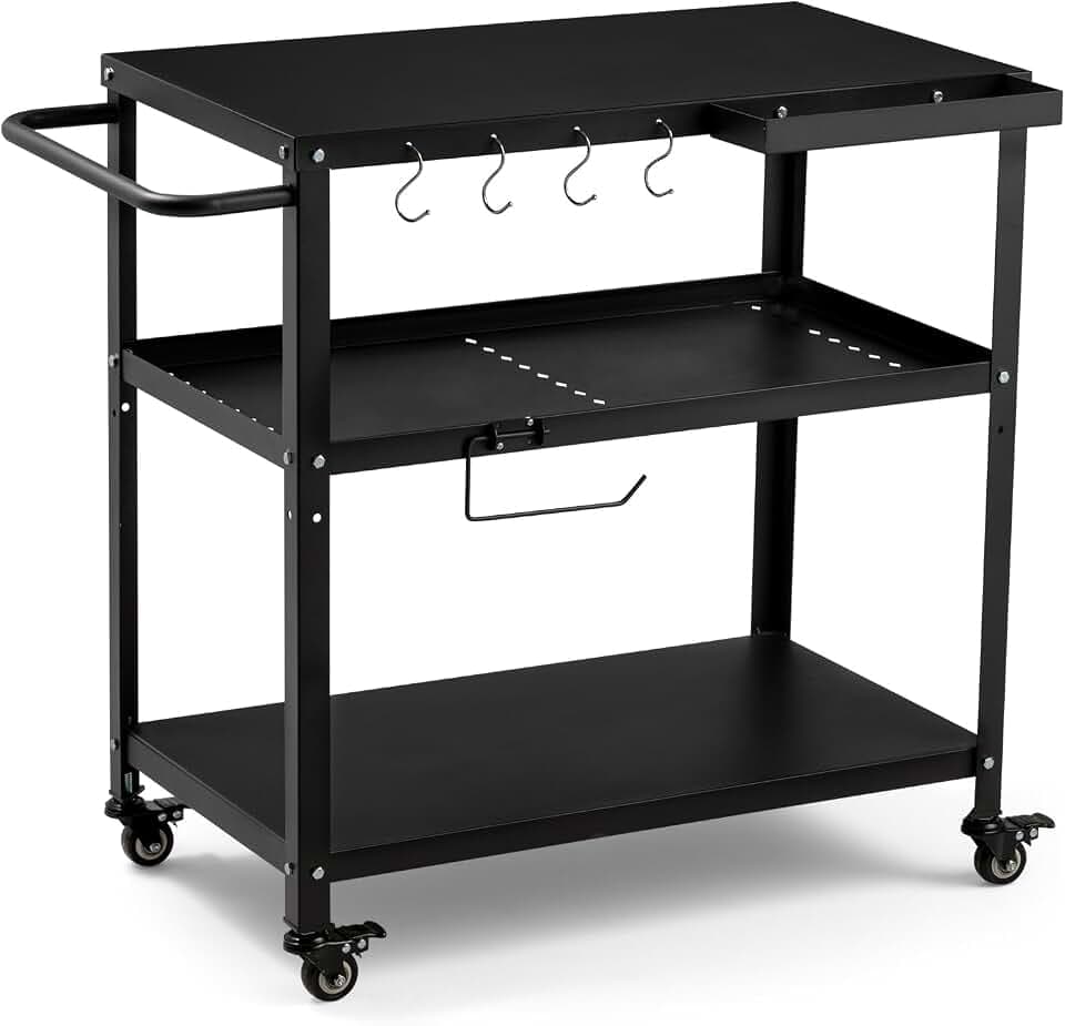 Outdoor Grill Cart Table, Pizza Oven Stand with Casters, Black