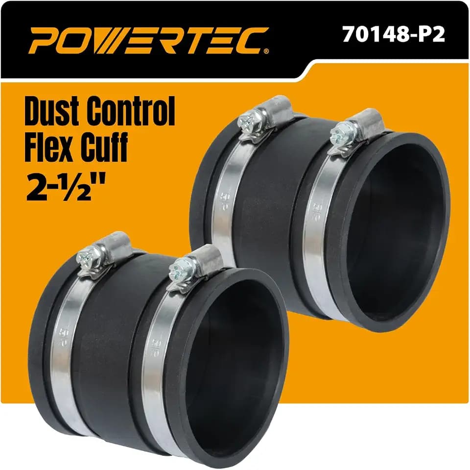 POWERTEC 70148-P2 2-1/2 Inch Dust Control Flex Cuff with Steel Hose Clamps, Hose Connector Rubber Cuff Coupler for Woodworking Dust Collection Fittings, Dust Collector Accessories & Machinery, 2 pack