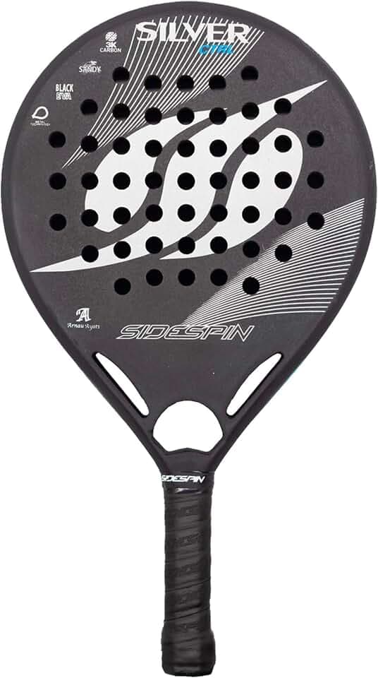 SideSpin Padelschläger Silver Ctrl 3K Full Carbon Sand, Leistung + Kontrolle + Effekt, Unisex, Erwachsene, Silber, Schwarz, Universal