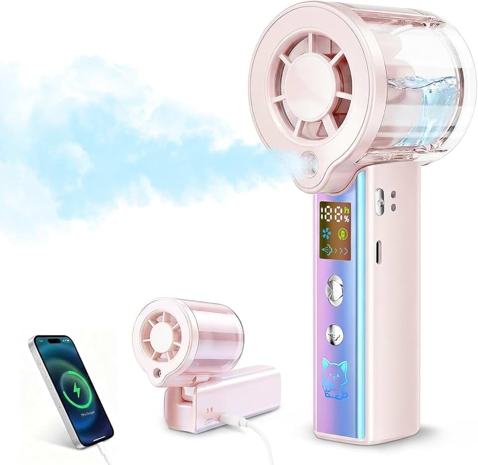 Carehabi Handventilator mit Wasserkühlung, 30000 U/min Mini Ventilator Akku 3000mAh, 1-100 Stufen Tragbarer Ventilator Klein mit LED Display, Leise USB Ventilator Hand für Reisen, Büro, Damen, Rosa