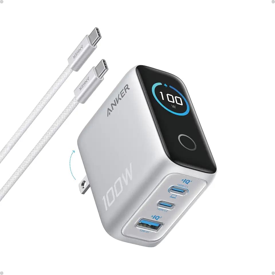 Anker 100W Max USB C Charger, 3-Port GaN Phone Charger with Smart Display
