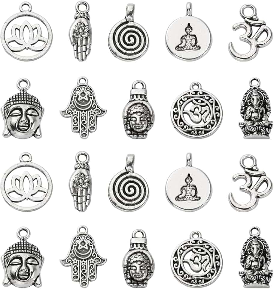 DanLingJewelry 100 Stück 10 Stile Tibetischer Stil Buddha Om Lotus Hamsa Hand Charms Vintage Charms für Schmuckherstellung DIY