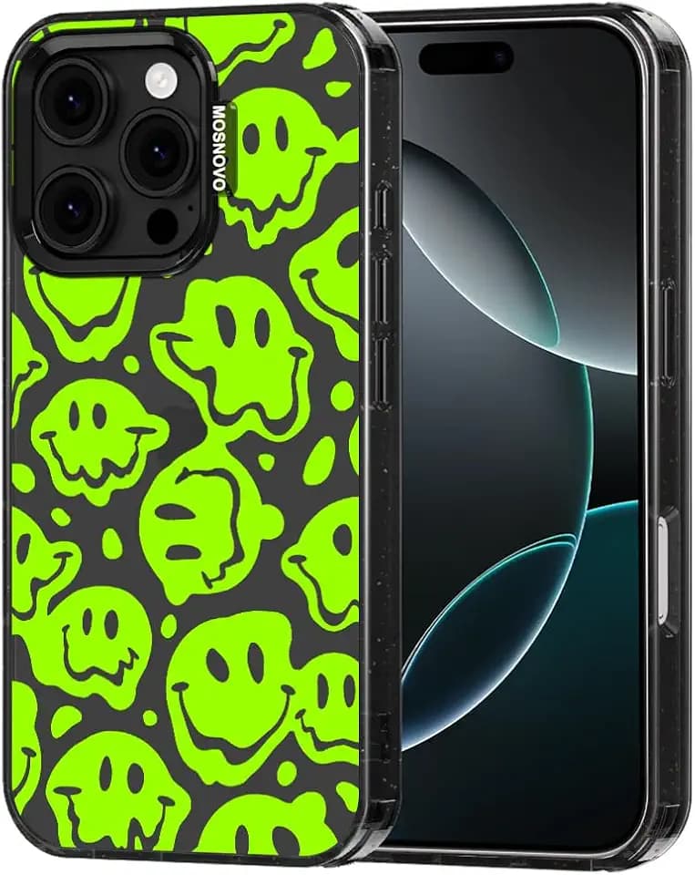 MOSNOVO for iPhone 16 Pro Case, Distorted Green Smiles Face, Black