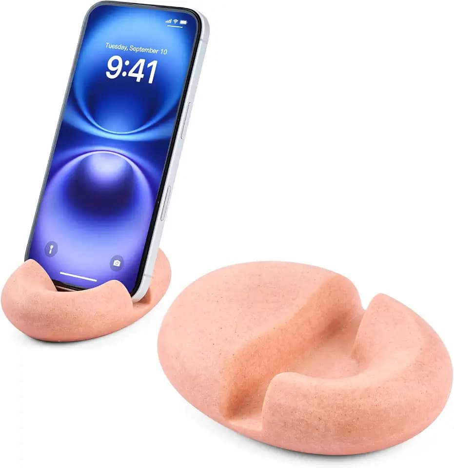 Artificial Stone Cell Phone Stand for Desk Handcraft Pebble Shape Minimalist Decor for Desk Kitchen Counter Office Easy of Use Sturdy and Stable(Orange Granite Rock Style)