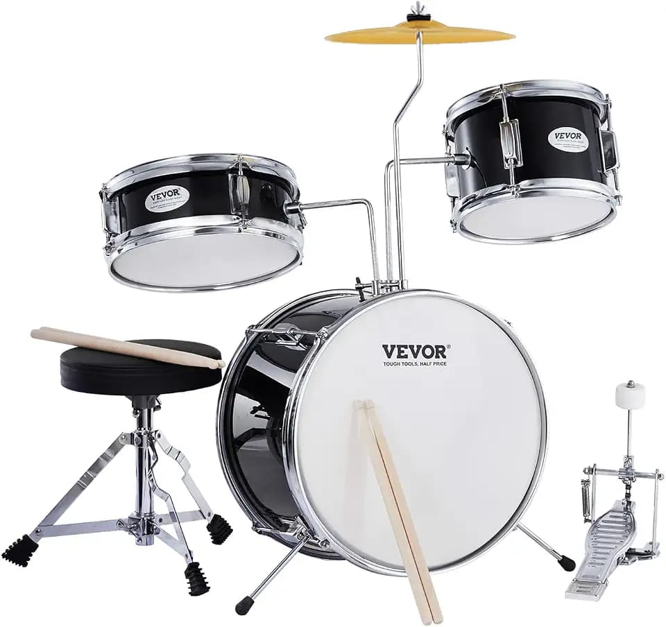 VEVOR Kids Drum Set, 14 in 3-Piece Beginner Drum Set Junior Drum Set with Adjustable Throne, Two Pairs of Drumsticks, Cymbal, Pedal，Tom Snare Bass, Starter Drum Kit for Children, Black