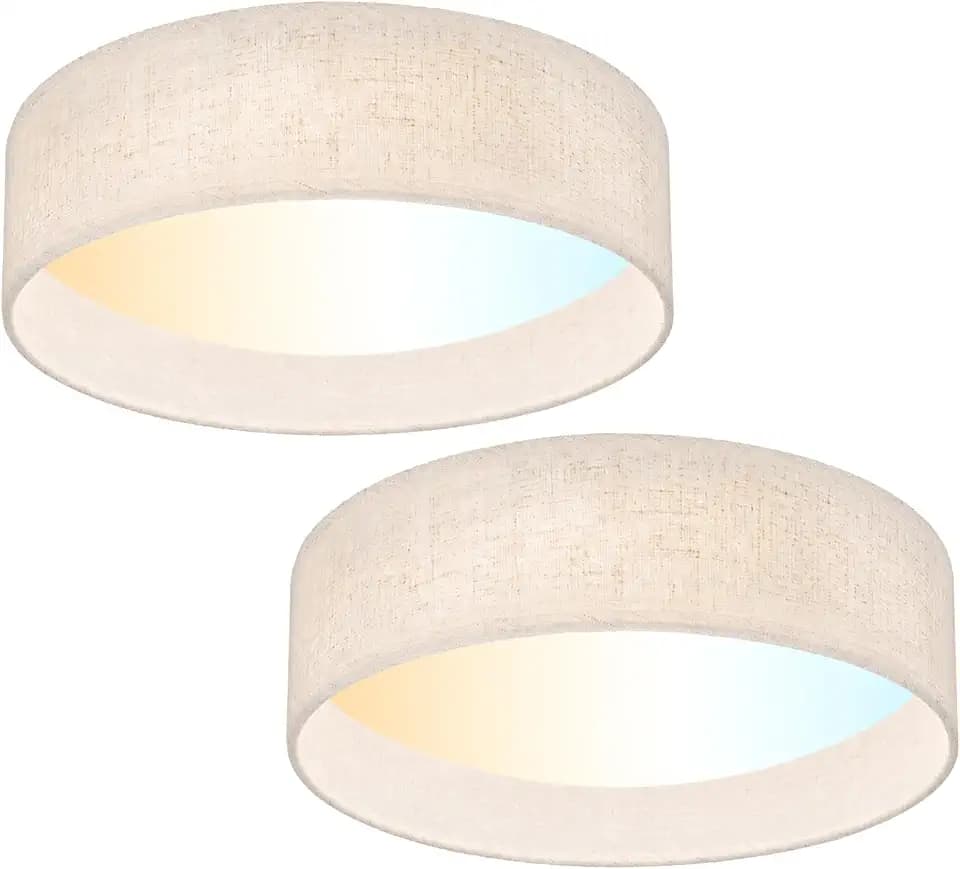 Hamilyeah LED Flush Mount Ceiling Light Fixture Set of 2, Dimmable Ceiling Light Fixture with Fabric Shade 24W 12inch 5CCT, Drum Light Fixture Ceiling Mount for Living Room, Kitchen, Bathroom, Bedroom