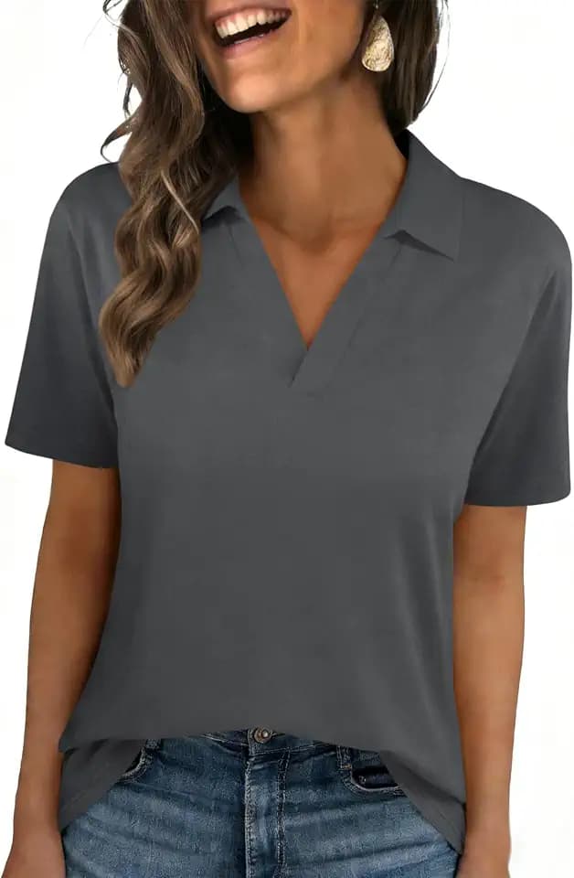Womens Polo Shirts Short Sleeve V Neck Collared Business Summer Blouse Top
