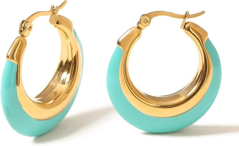 Chunky Enamel Hoop Earrings for Women 18K Gold Plated Bamboo Checkered Huggie Earrings Enamel Jewelry Gift for Her