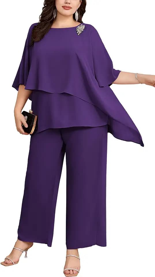 Hanna Nikole Damen Große Größen Chiffon Abendanzug Sets Cocktail Party Festlich Elegant 2-Teiliges Set Shirt Und Hohe Taille Hosenanzug Zweiteiler