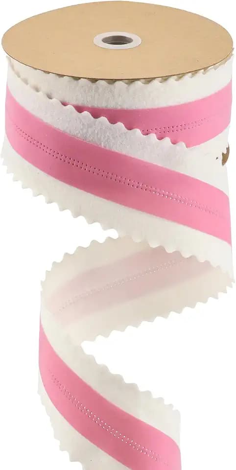 MEEDEE Christmas 2.5 Inch Felt Ribbon 10 Yards Wired Gift Wrap Ribbon White Felt with Pink Velvet Middle Rickrack Cutout Ribbons for Christmas Tree Decoration, Topper Bow, Garland