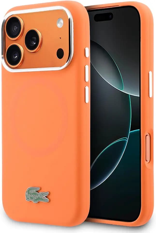 CG MOBILE Lacoste Silikon Metall Logo kompatibel mit MagSafe Hülle für iPhone 17 Pro Max (Orange)