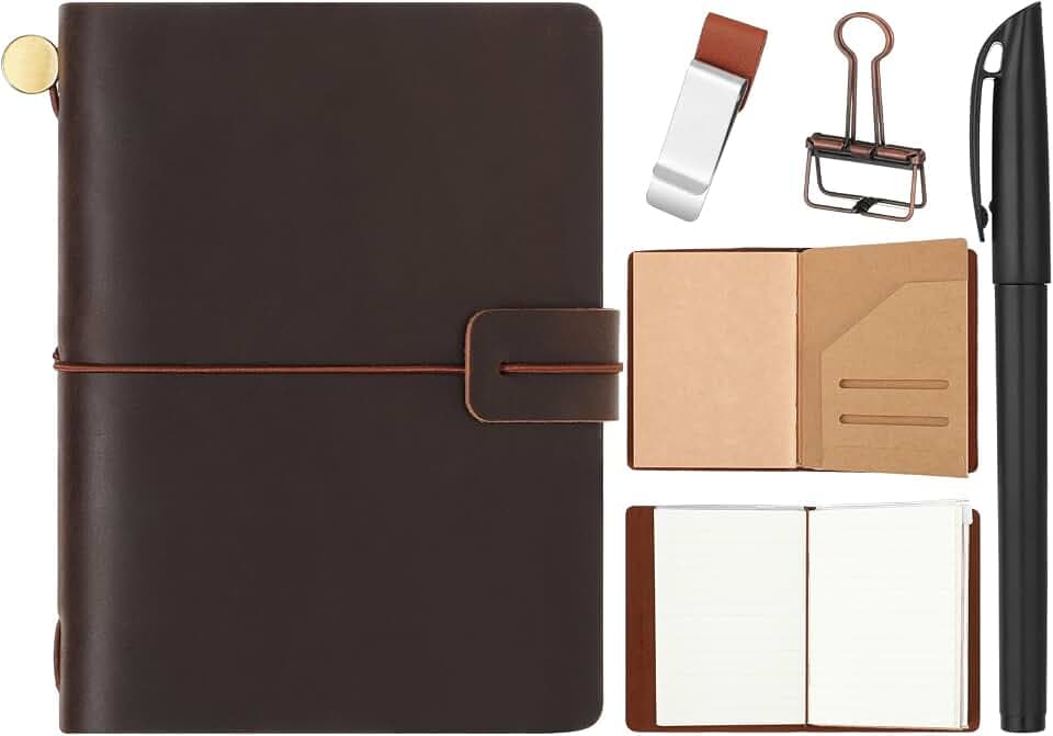 Traveling Refillable Leather Journal Notebook, Dark Brown, Passport Size