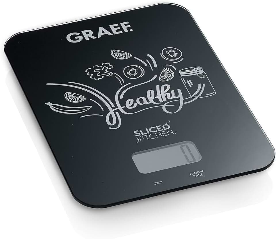 GRAEF Digitale Küchenwaage KS202, schwarz, leicht zu reinigende Glasoberfläche, Wiegefunktion bis zu 5 kg, intelligente Tara-Zuwiegefunktion