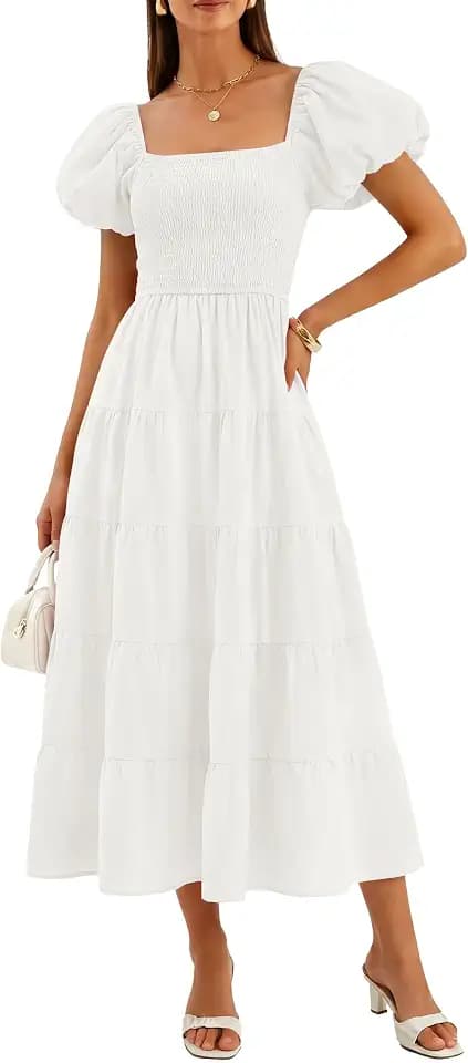 ZESICA Damen-Sommerkleid, eckiger Ausschnitt, Kurze Puffärmel, einfarbig, hohe Taille, lässig, fließend, Glockenschnitt, gestuftes Midikleid, Rauchfarben