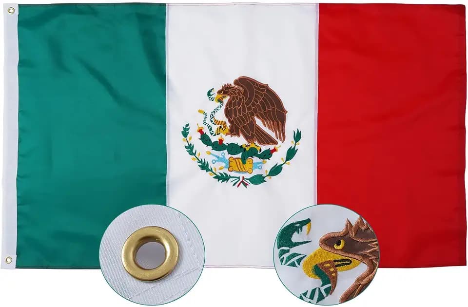 SYII Mexican Flag 5x8 Ft Outdoor, Embroidered Mexico MX Flags with 3 Brass Grommet and Sewn Stripes, Heavy Duty 210D Polyester, for Mexican Theme Party and Independence Day Decorations