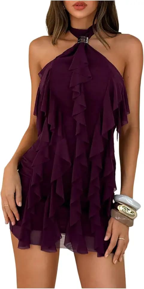 Floerns Women's Ruffle Trim Halter Dress Sleeveless Date Night Party Mini Dresses